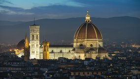 Cathedral di Santa Maria del Fiore Florence Italy at night view from Piazzale Michelangelo, Timelapse Video. Duomo Firence.
