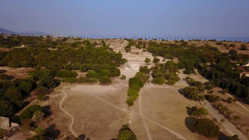 Aerial drone video of ancient ruins of Rhodes town, Dodecanese, Greece