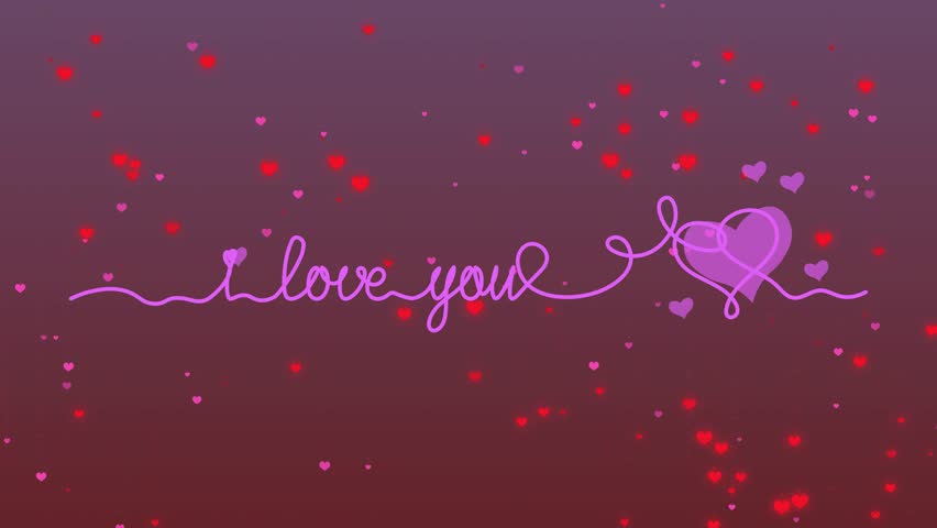 self drawing animation of single continuous line draw the phrase I love you and hearts appear. Full length. Love 