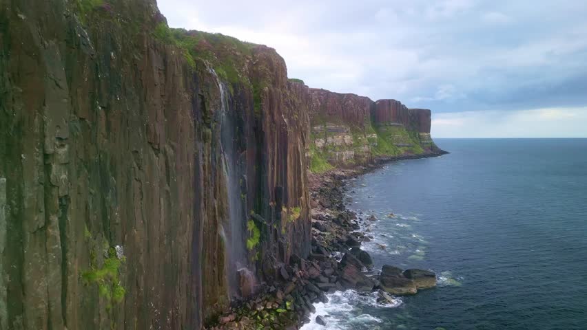 Aerial drone Isle of Skye in Scotland. Kilt rock mealt falls, waterfall sea cliffs. Scottish travel landscape destination, tourism landmark in UK. 