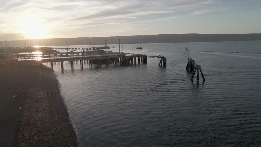 Drone footage at sunset over Homer Spit, Alaska, USA