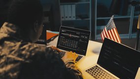 African American U.S. intelligence officer working with satellite data on laptop - Powered by Shutterstock - Get 15% off with code: PIKWIZARD15