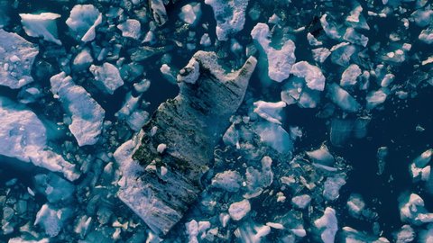 Epic Aerial Flyover Over Glacier Pieces Lagoon In Iceland Sunset Colors Ice Caps Extreme Adventure Concept