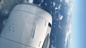 Vertical shot of airplane turbine in the blue sky with small clouds. View from plane glass on engine. Aircraft in the flight. White clouds floating in the sky. Transportation concept, 4k footage