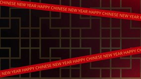 Animated Video Footage of Chinese New Year Decoration with running text, rotating ring, dragon symbol and number 2024 neon style, gradient red and black background.