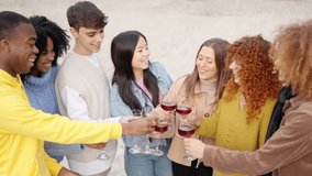Multicultural young people toasting with wine in the street