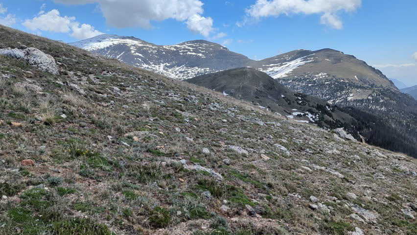 View from the Alpine Ridge Trail on the Trail Ridge Road of the Fall River Valley in the Rocky Mountain National Park (Estes Park, Colorado, United States of America).