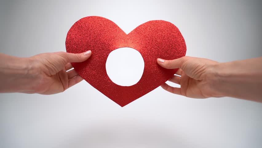 Dog with red sparkling heart shape decoration. reversed video of Hand holding red heart then pet smiling face puts it on and smiles. Adorable valentine love symbol studio shot on white video footage