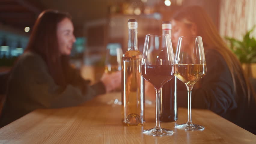 happy female friend company celebrate and drink red and white wine in restaurant Royalty-Free Stock Footage #3406965703