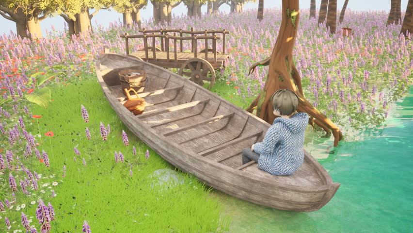 Boy Sitting On A Wooden Boat Near River Floral Landscape : Lofi Animation
