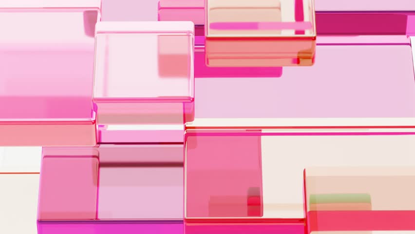 Abstract video translucent pink and red cubes or rectangular prisms that randomly mooving. Glass reflection effect.