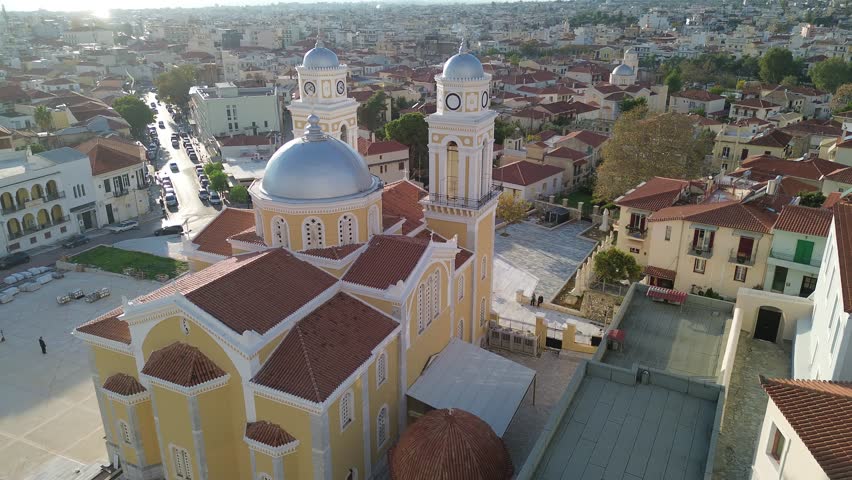 Aerial view over The old historical center of Kalamata seaside city, Greece by the Castle of Kalamata