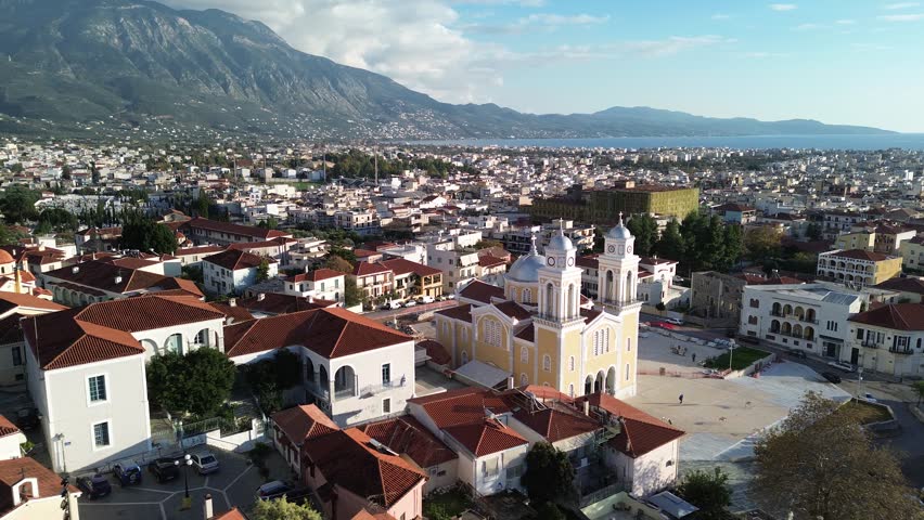Aerial view over The old historical center of Kalamata seaside city, Greece by the Castle of Kalamata