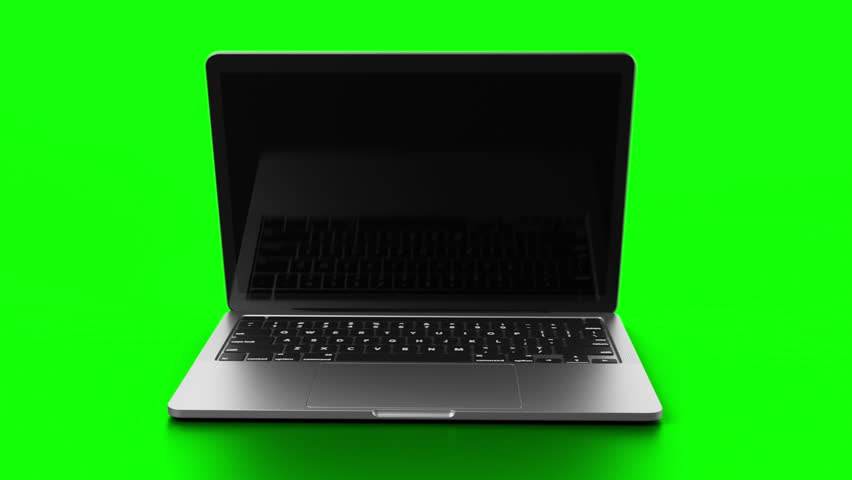 Laptop with green screen on display rotates into view in front of greenscreen. 3D Illustration