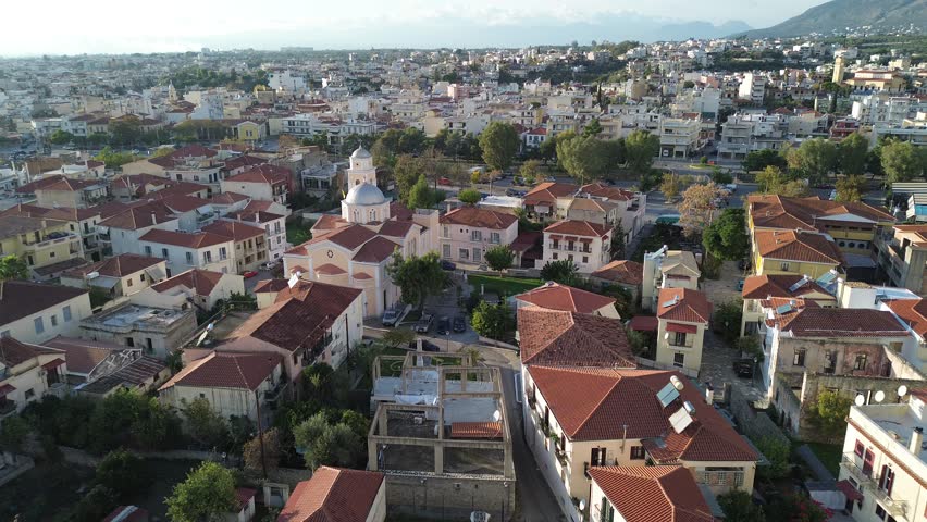 Aerial view over The old historical center of Kalamata seaside city, Greece by the Castle of Kalamata