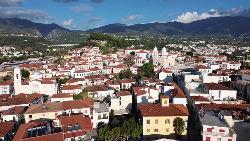 Aerial view over The old historical center of Kalamata seaside city, Greece by the Castle of Kalamata