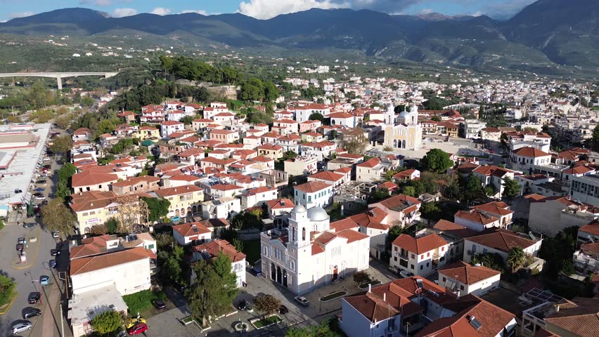 Aerial view over The old historical center of Kalamata seaside city, Greece by the Castle of Kalamata