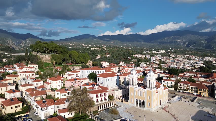 Aerial view over The old historical center of Kalamata seaside city, Greece by the Castle of Kalamata