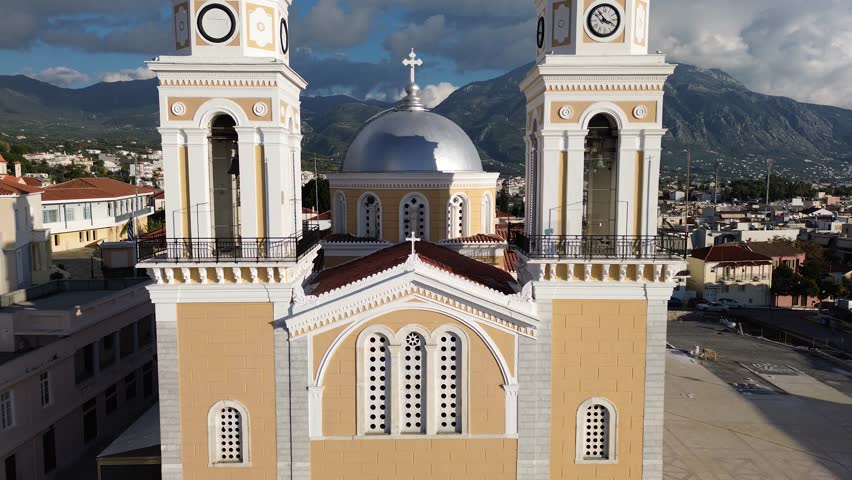 Aerial view over The old historical center of Kalamata seaside city, Greece by the Castle of Kalamata