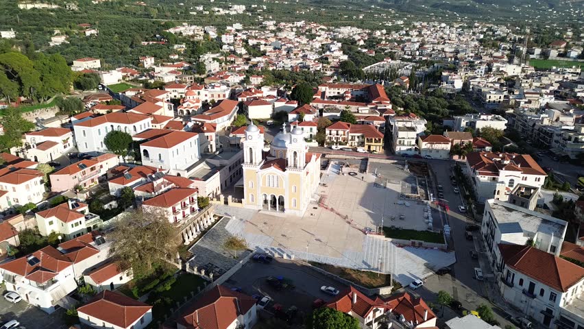 Aerial view over The old historical center of Kalamata seaside city, Greece by the Castle of Kalamata