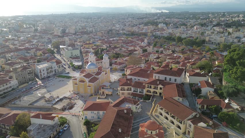 Aerial view over The old historical center of Kalamata seaside city, Greece by the Castle of Kalamata