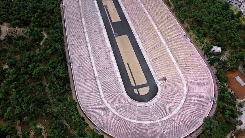 Aerial view of Panathenaic multi-purpose stadium in Athens, Greece. View from above of ancient stadium used for the games of the Panathenaea built entirely from marble, historic attractions of Athens.