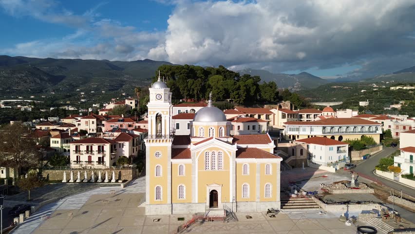 Aerial view over The old historical center of Kalamata seaside city, Greece by the Castle of Kalamata