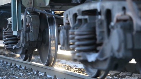 Close-up of a wheeled pair  of a freight railway train 