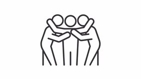Team huddle line animation. Team players animated icon. Unity in sports. Motivation. Strategy discussion. Black illustration on white background. HD video with alpha channel. Motion graphic