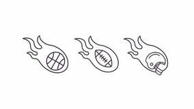Animated dynamic sport icons. Athletic equipment in flames line animation library. American football. Black illustrations on white background. HD video with alpha channel. Motion graphic