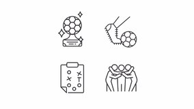Animated soccer related icons. Team game line animation library. Football league. Player kicking ball. Black illustrations on white background. HD video with alpha channel. Motion graphic