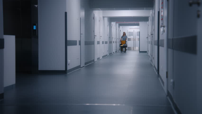 Cleaner goes from hospital room after cleaning. Health worker pushes cleaning trolley down clinic corridor. Nurses take care of cleanliness of medical center. Medical personnel at work in hospital. Royalty-Free Stock Footage #3407346427