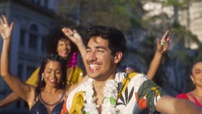 Confetti Rain at Brazilian Carnival, Exhilarating Moment with Smiling Friends in Festive Gear. Unbridled Joy Amidst Street Party with Energetic Dance and Laughter. - Powered by Shutterstock - Get 15% off with code: PIKWIZARD15