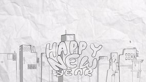 Happy New Year Sale 2d animation, motion graphic. Moving text , black firework, building, black and white style.