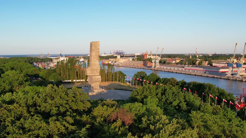 Westerplatte in Gdansk. The Monument to the Defenders of the Coast on the Westerplatte Peninsula, establishing shot. II World War memorial in Poland.