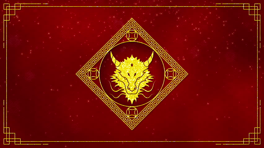 Motion graphic of Golden dragon logo with chinese new year and year of the Dragon 2024 on dark red background and glitter particle in a happy new year concept seamless loop video
