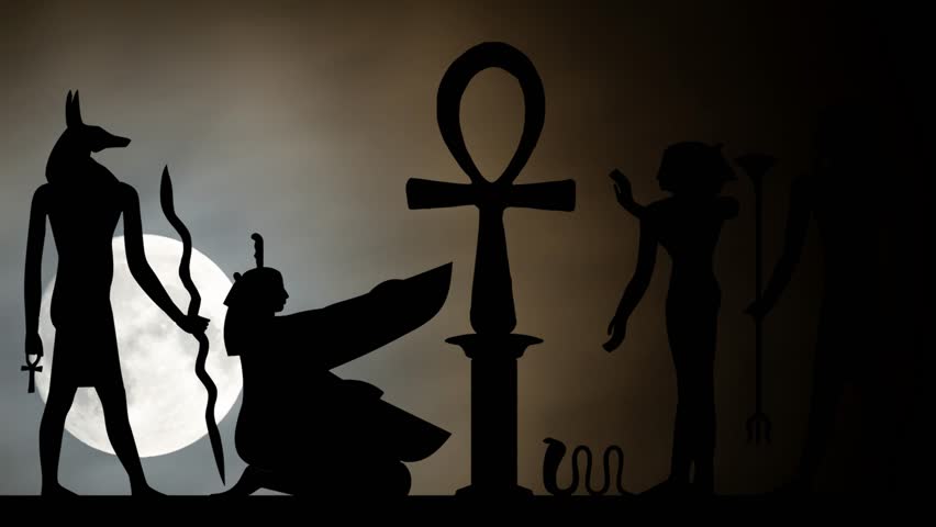 Ancient Egyptian Hieroglyphs Simbols with Ankh Cross, Time Lapse by Night with Full Moon in Background