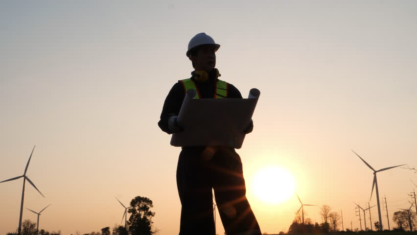 Asian engineer or architect working with his blueprints in hand while supervising construction site in windmills for electricity generation at sunrise background. renewable energy concept. Royalty-Free Stock Footage #3407737677