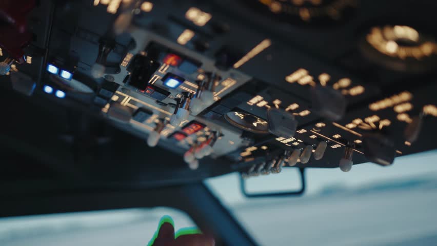Hand of Airplane Pilot Using Control Panel in Plane Cockpit Close-Up. Aviator Using Technology in Aircraft Cabin to Flight Study. Ready Man Preparing to Fly Off Airport and Turning Switches Closeup 4k Royalty-Free Stock Footage #3407759025