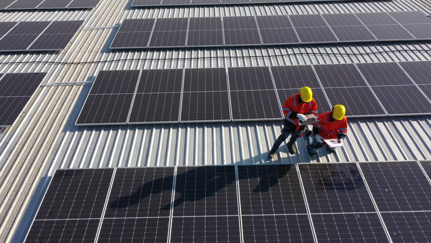 Two caucasian engineering technician is professional trained in skills and techniques installing solar photovoltaic panels system on industrial factory roof, Engineering concepts to good environment Royalty-Free Stock Footage #3407794123