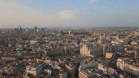 Aerial Panoramic View Of Milan Cathedral Piazza Del Duomo Di Milano And `Milano Skyline At Sunset, 4K Footage In Milan Italy