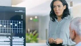 Beautiful Businesswoman Gives Report/ Presentation to Her Business Colleagues in the Conference Room, She Shows Graphics, Pie Charts and Company's Growth on the Wall TV. Shot on RED EPIC-W 8K Camera. - Powered by Shutterstock - Get 15% off with code: PIKWIZARD15