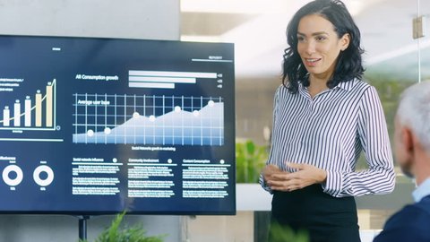 Beautiful Businesswoman Gives Report/ Presentation to Her Business Colleagues in the Conference Room, She Shows Graphics, Pie Charts and Company's Growth on the Wall TV. 
