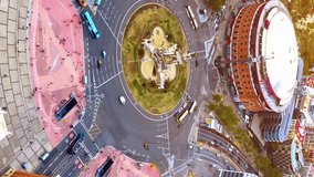 Plaza Espanya historical square in Barcelona, Spain. Aerial vertical, vertical video background. 