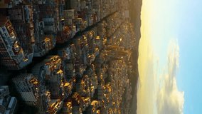 Aerial view of Barcelona City Skyline. Aerial view of Barcelona Urban Skyline. Catalonia, Spain. Aerial vertical, vertical video background.