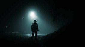 A hooded figure, on a scary country road, watching mysterious glowing UFO supernatural lights moving in the sky, On a spooky foggy, winters night.  - Powered by Shutterstock - Get 15% off with code: PIKWIZARD15