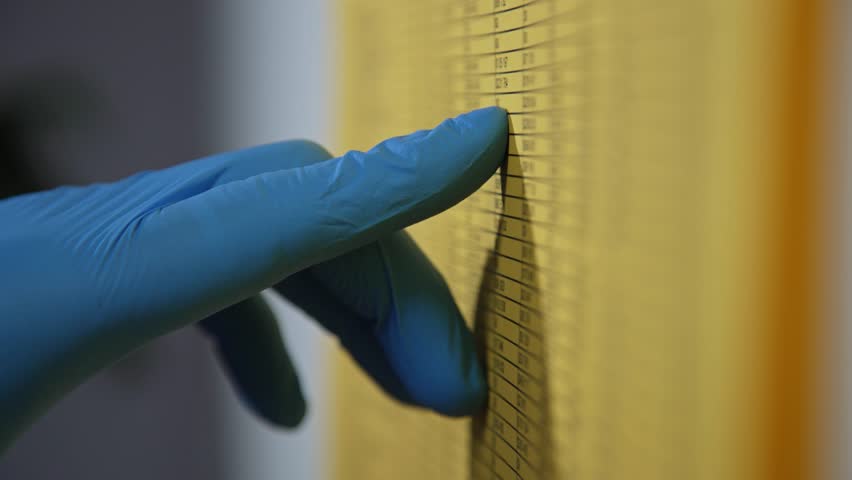 Doctor's finger looking through information in a list