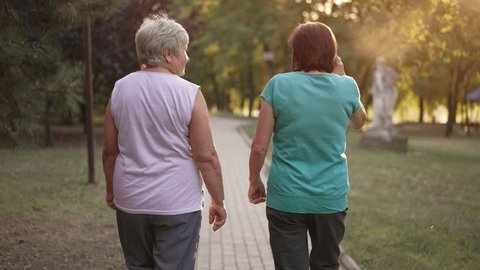 Back view of two women walking in the park Stockvideó