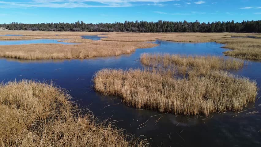 Marshall Lake Aerial Video with San Fransisco Mountain Views. Near Flagstaff Arizona, America, USA.