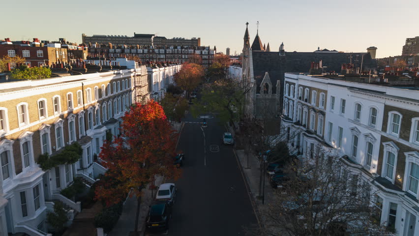 Kensington, Aerial View Shot of London UK, United Kingdom, the Royal Borough of Kensington and Chelsea W8, posh victorian homes